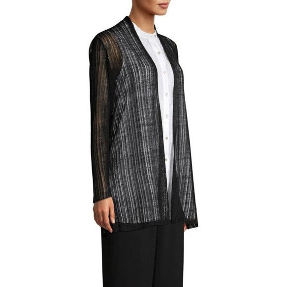 Eileen Fisher Cardigan Organic Italian Linen Blend Open Knit Duster Crepe Black - Picture 4 of 14